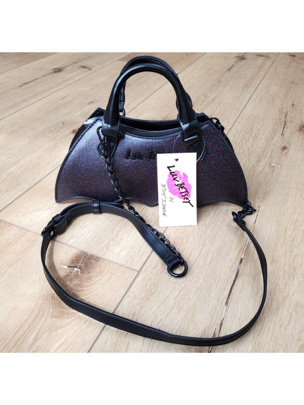 Luv Betsey Johnson Sparkle Bat Crossbody Black Bag Goth Witch Costume Halloween